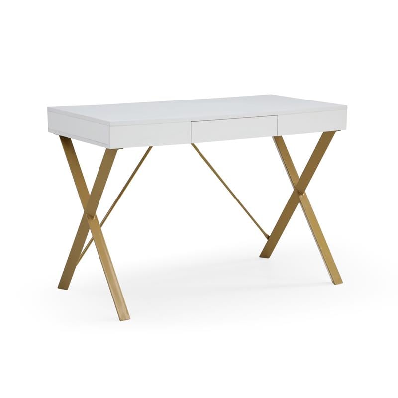 Mona Wooden Desk White/Gold  43.3L x 21.7W x 30H 1 Storage Drawer X-Leg Design