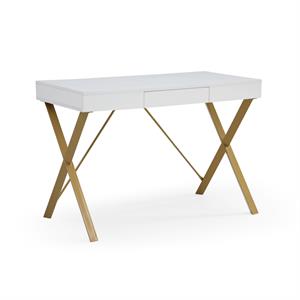 Mona Wooden Desk White/Gold  43.3L x 21.7W x 30H 1 Storage Drawer X-Leg Design
