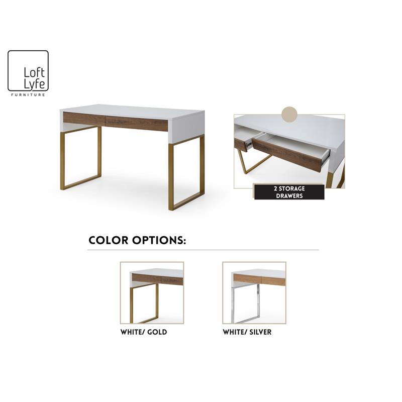 Estevan Desk White/Gold  47.2L x 23.6W x 30H 2 Storage Drawers Geometric Frame