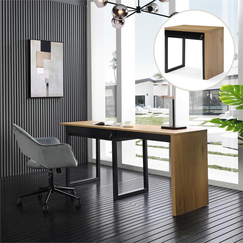 Kaliah Wooden Desk Natural/Black 63L x 21.6W x 30H Extendable-2 Top Open Storage
