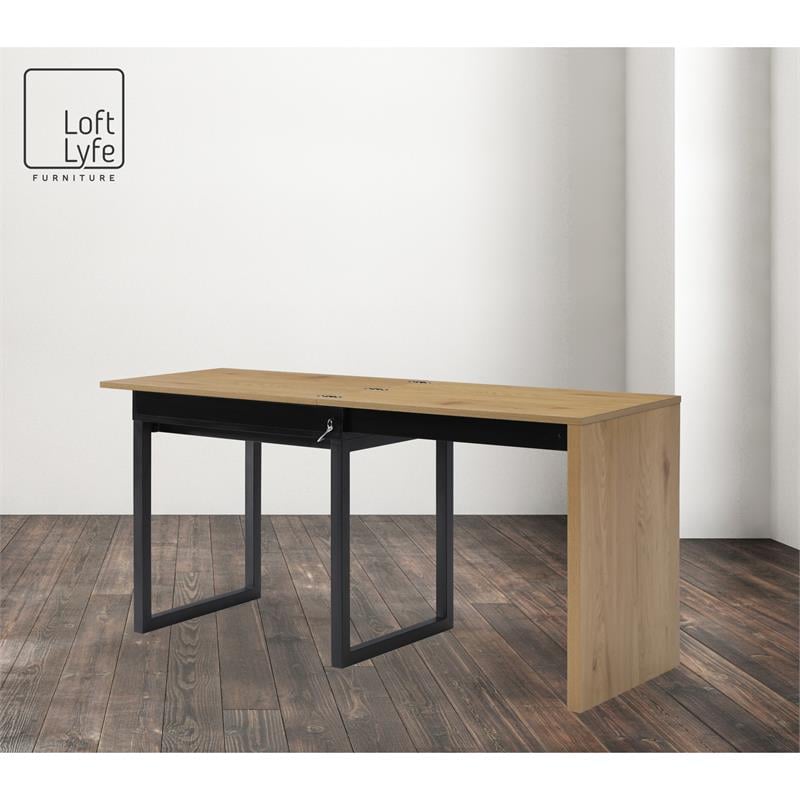 Kaliah Wooden Desk Natural/Black 63L x 21.6W x 30H Extendable-2 Top Open Storage