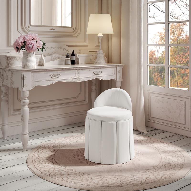 Adleigh Vanity Stool Cream White Linen 17.9L x 18.5W x 23.6H Slipcover Skirted