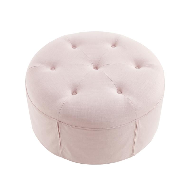 Irvin Ottoman Light Pink Linen 32L x 32W x 16H Button Tufted Skirted