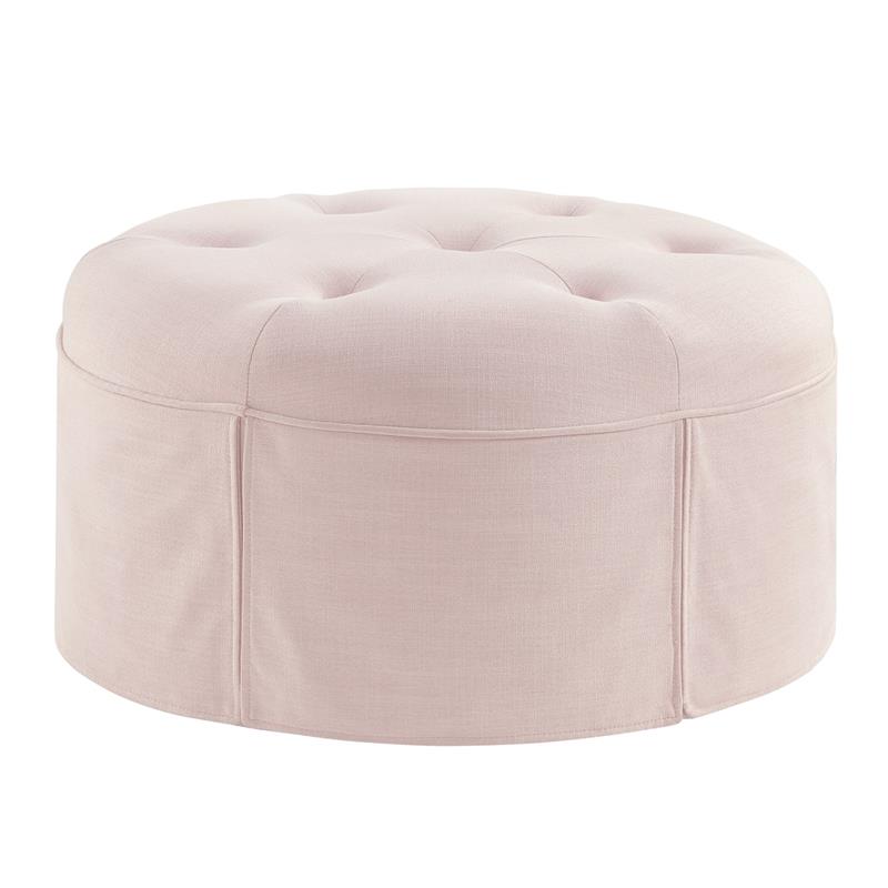 Irvin Ottoman Light Pink Linen 32L x 32W x 16H Button Tufted Skirted