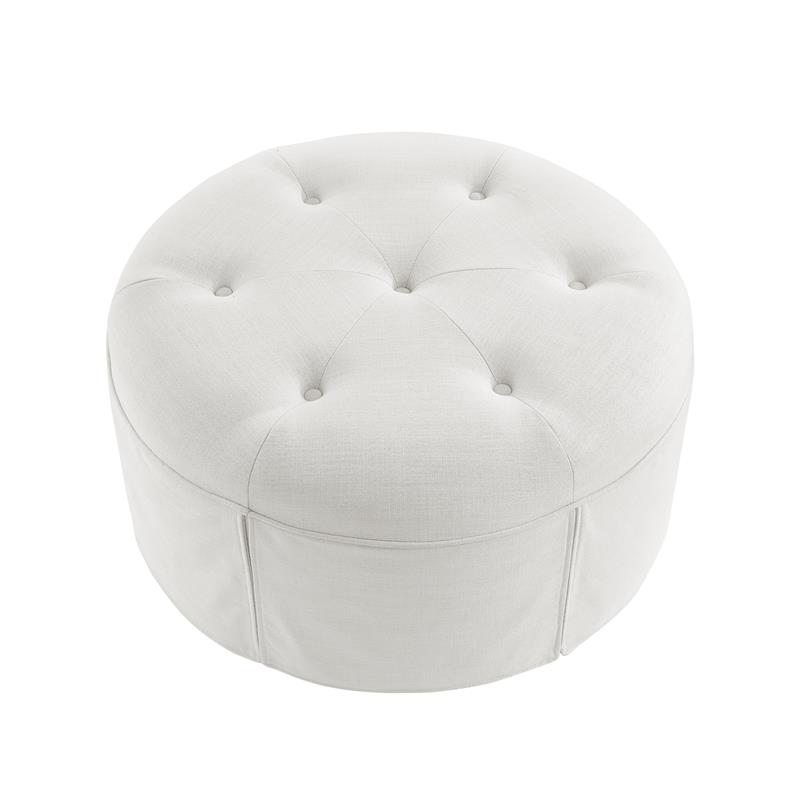 Irvin Ottoman Pure White Linen 32L x 32W x 16H Button Tufted Skirted