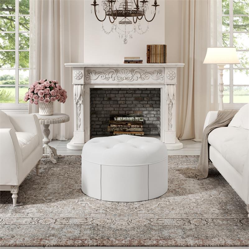Irvin Ottoman Pure White Linen 32L x 32W x 16H Button Tufted Skirted