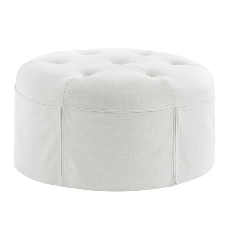 Irvin Ottoman Pure White Linen 32L x 32W x 16H Button Tufted Skirted