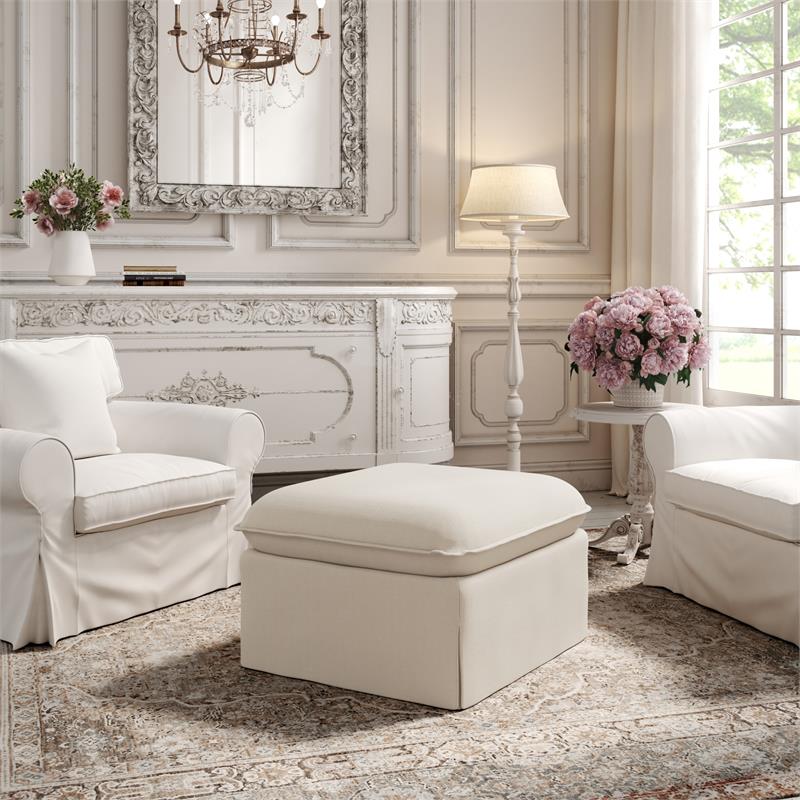 Clifton Ottoman Beige Linen 30.3L x 26.7W x 17.7H Upholstered Skirted