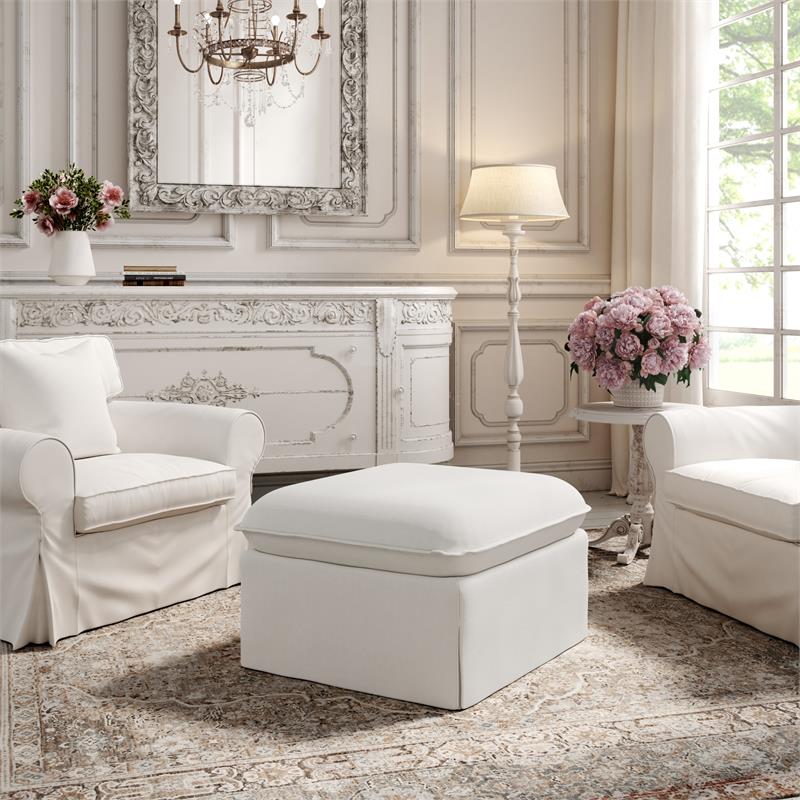 Clifton Ottoman Pure White Linen 30.3L x 26.7W x 17.7H Upholstered Skirted