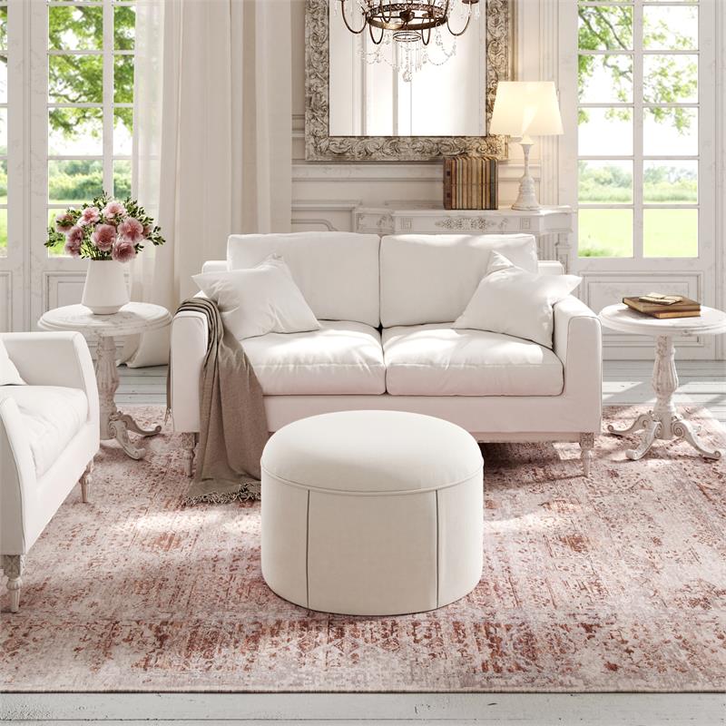 Denis Ottoman Beige Linen 26L x 23.2W x 16.5H Upholstered Slipcover Skirted