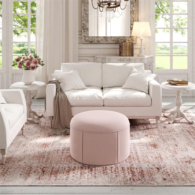 Denis Ottoman Light Pink Linen 26L x 23.2W x 16.5H Upholstered SlipcoverSkirted