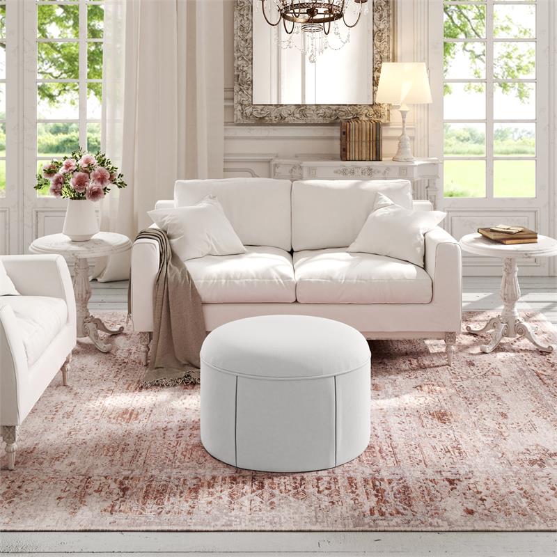 Denis Ottoman Pure White Linen 26L x 23.2W x 16.5H Upholstered SlipcoverSkirted