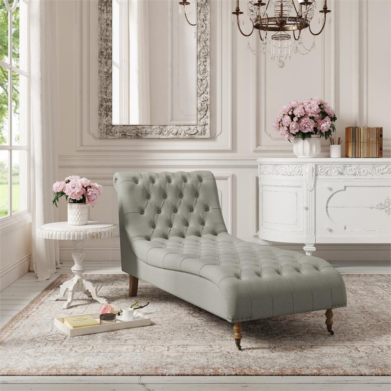 Vaida Chair Grey Linen 67L x 30.5W x 36H Button Tufted Front Wheel Casters