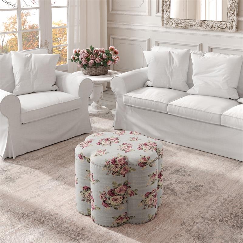 Jamil Ottoman Manor Floral Linen 24.5L x 24.5W x 18.5H Upholstered Nailhead Trim