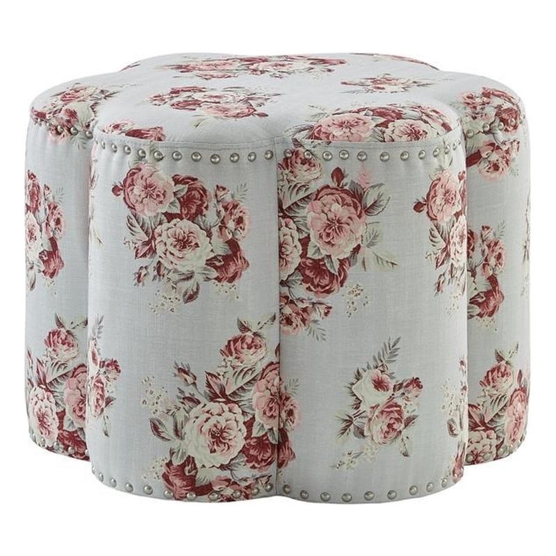 Jamil Ottoman Manor Floral Linen 24.5L x 24.5W x 18.5H Upholstered Nailhead Trim