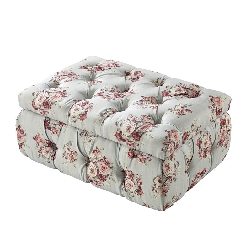 Koby Ottoman Manor Floral Linen 36.4L x 25W x 17H Upholstered Button Tufted