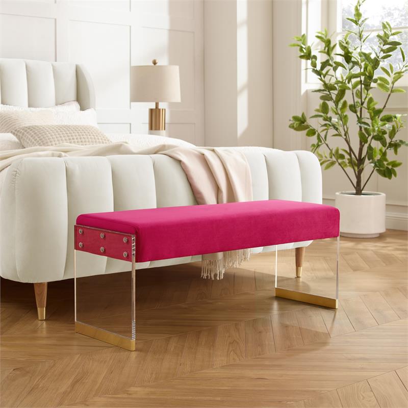 Abygail Bench Fuchsia/Gold Velvet 42.2L x 14.6W x 17.7H Upholstered Acrylic Base