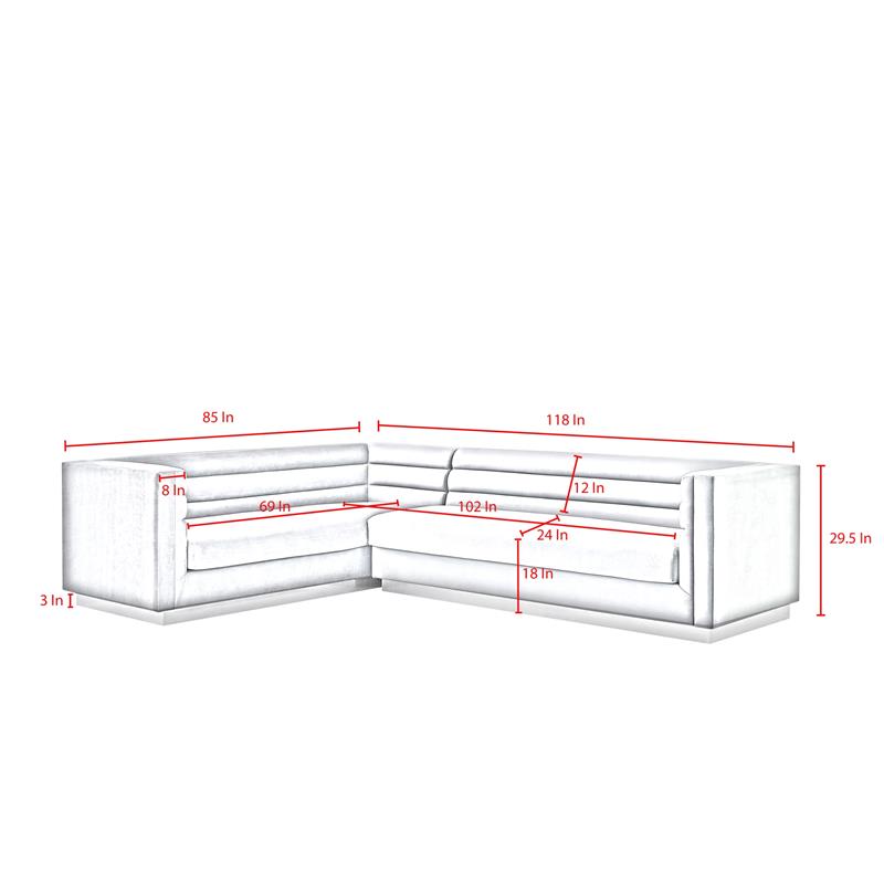 Posh Living Aylah Velvet Left Facing Corner Sectional Sofa Grey