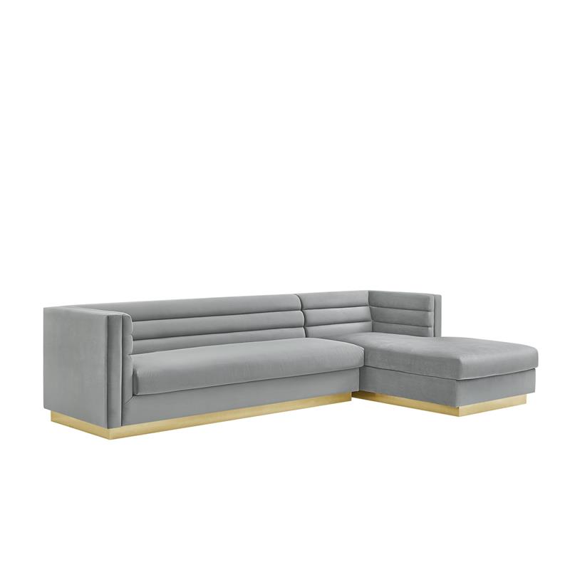 Posh Living Aylah Velvet Right Facing Chaise Sectional Sofa Grey