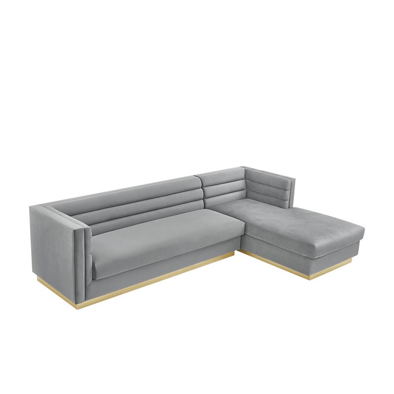 Posh Living Aylah Velvet Right Facing Chaise Sectional Sofa Grey