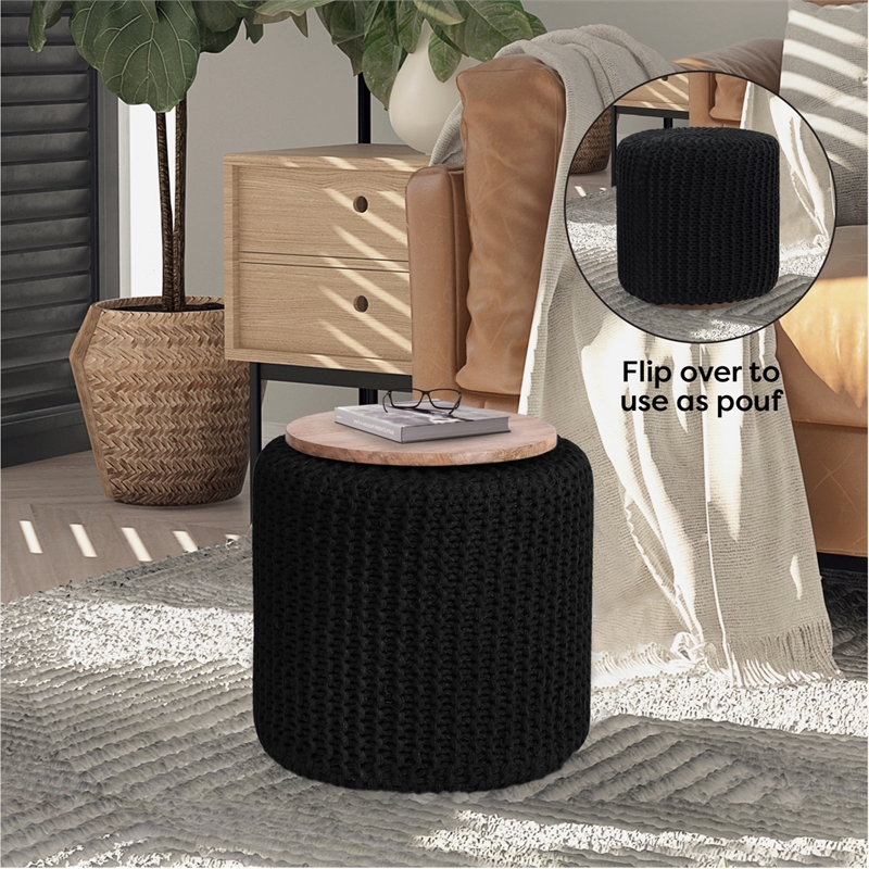 Posh Living Brayton Cotton Yarn 3-in-1 Pouf/Ottoman/End Table Black