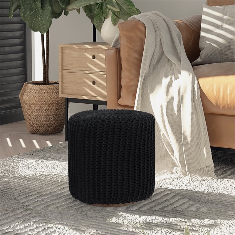 Posh Living Brayton Cotton Yarn 3-in-1 Pouf/Ottoman/End Table Black
