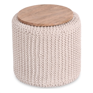 Posh Living Brayton Cotton Yarn 3-in-1 Pouf/Ottoman/End Table Ivory