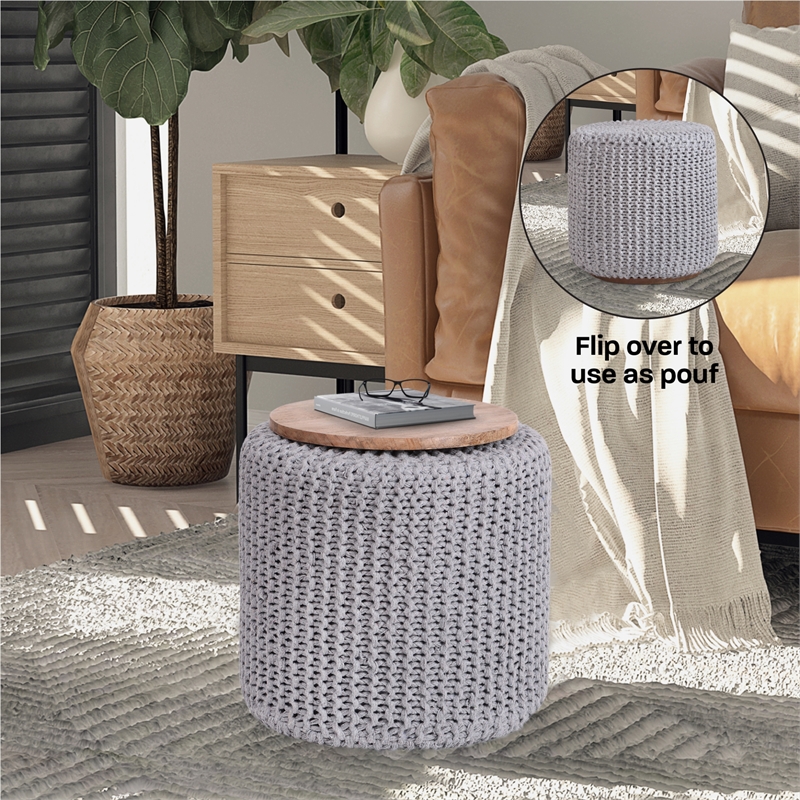 Posh Living Brayton Cotton Yarn 3-in-1 Pouf/Ottoman/End Table Light Grey