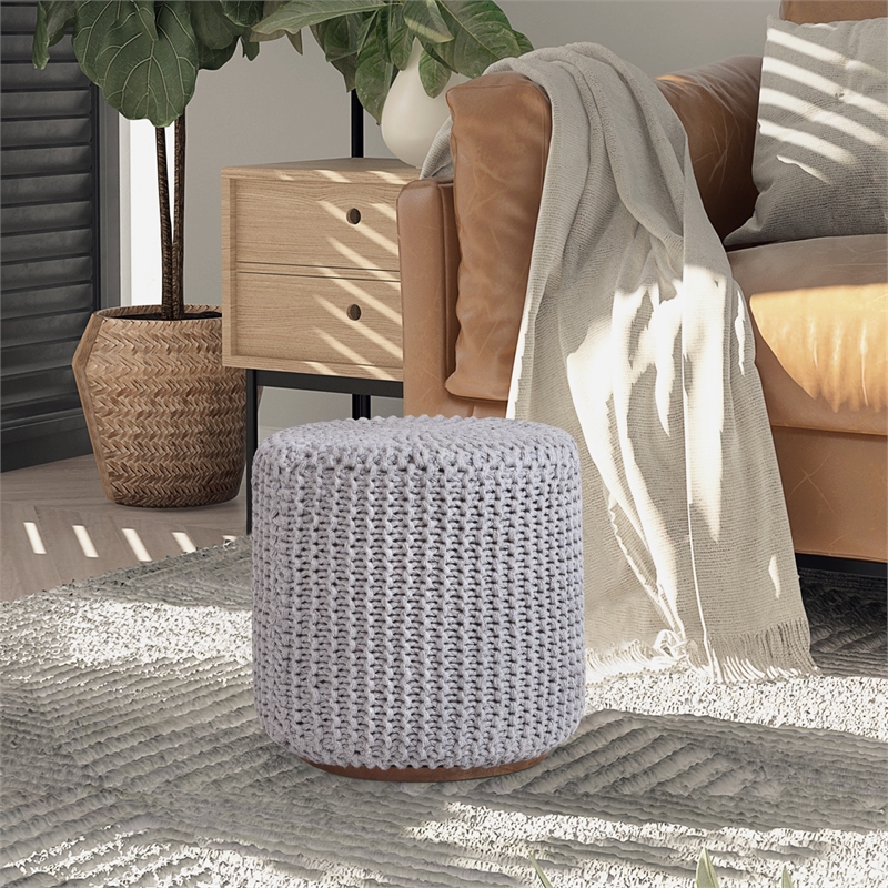 Posh Living Brayton Cotton Yarn 3-in-1 Pouf/Ottoman/End Table Light Grey
