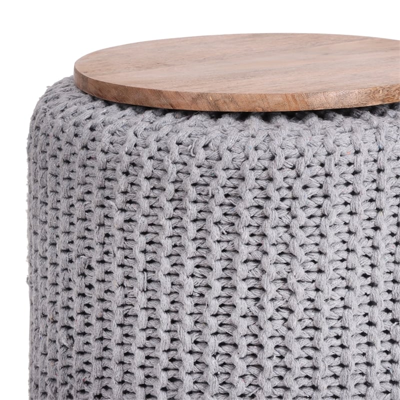 Posh Living Brayton Cotton Yarn 3-in-1 Pouf/Ottoman/End Table Light Grey