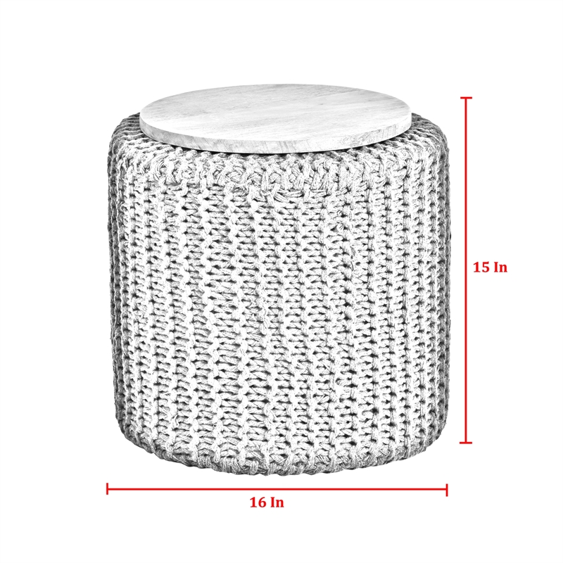 Posh Living Brayton Cotton Yarn 3-in-1 Pouf/Ottoman/End Table Light Grey