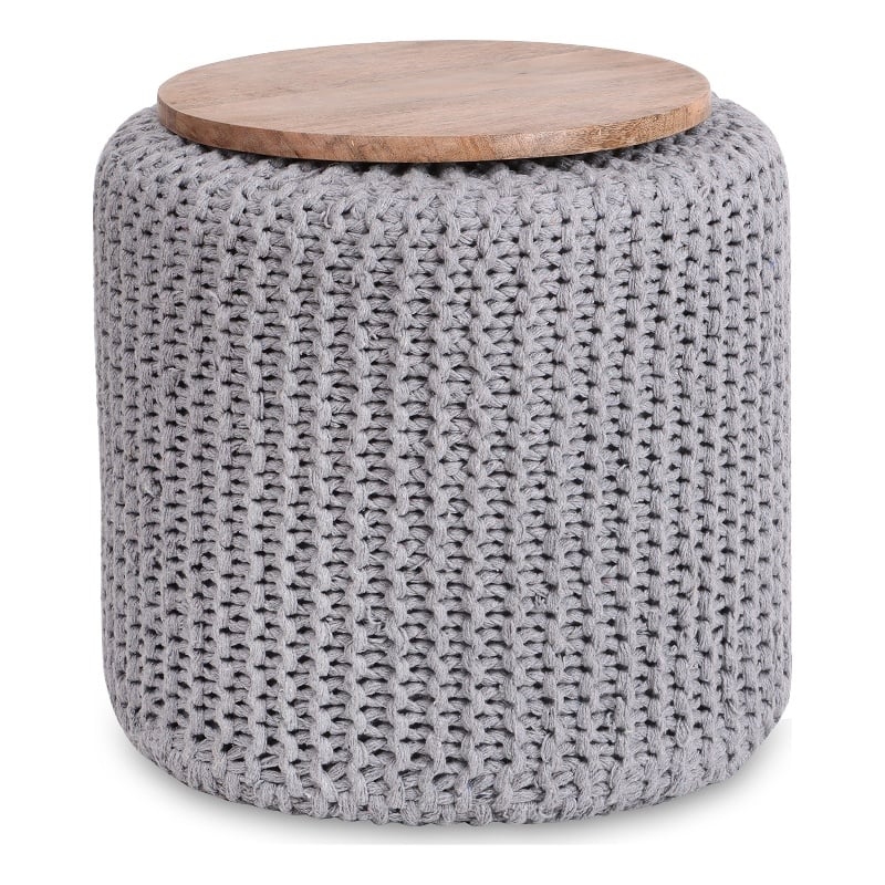 Posh Living Brayton Cotton Yarn 3-in-1 Pouf/Ottoman/End Table Light Grey