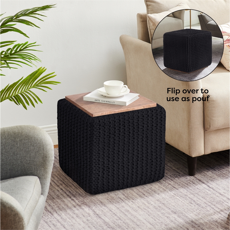 Posh Living Desean Cotton Yarn 3-in-1 Pouf/Ottoman/End Table Black