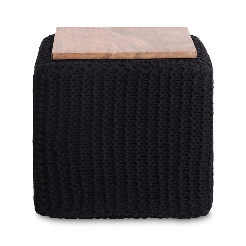 Posh Living Desean Cotton Yarn 3-in-1 Pouf/Ottoman/End Table Black