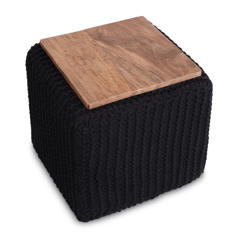 Posh Living Desean Cotton Yarn 3-in-1 Pouf/Ottoman/End Table Black