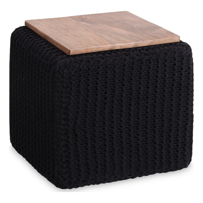 Posh Living Desean Cotton Yarn 3-in-1 Pouf/Ottoman/End Table Black