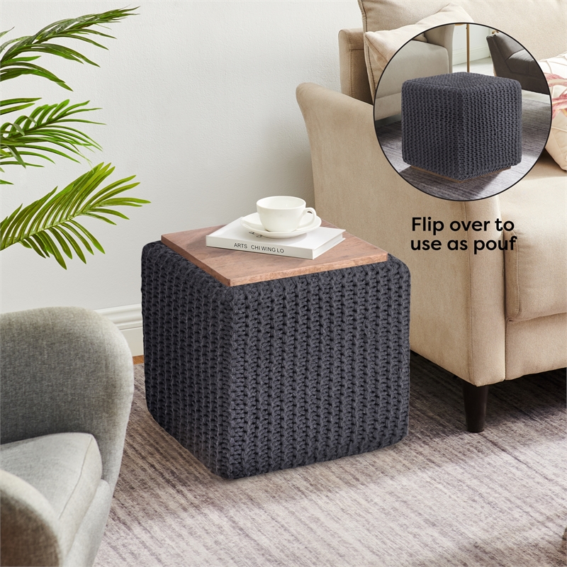 Posh Living Desean Cotton Yarn 3-in-1 Pouf/Ottoman/End Table Dark Grey