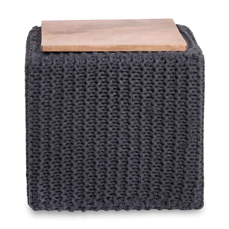 Posh Living Desean Cotton Yarn 3-in-1 Pouf/Ottoman/End Table Dark Grey