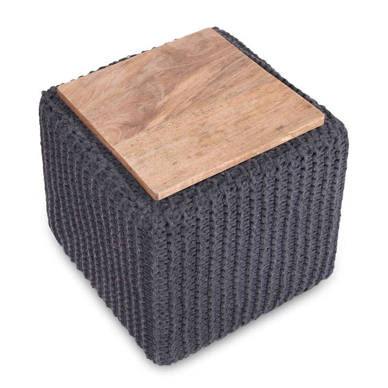 Posh Living Desean Cotton Yarn 3-in-1 Pouf/Ottoman/End Table Dark Grey