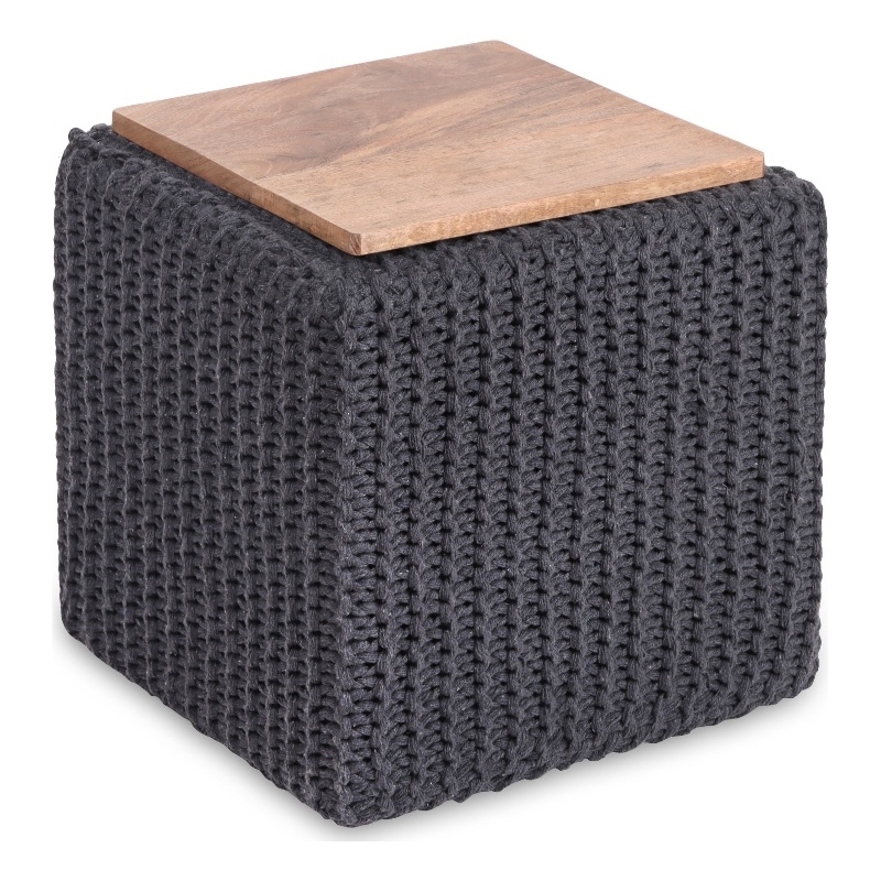 Posh Living Desean Cotton Yarn 3-in-1 Pouf/Ottoman/End Table Dark Grey