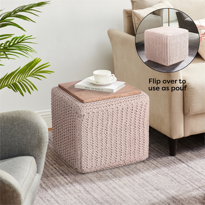 Posh Living Desean Cotton Yarn 3-in-1 Pouf/Ottoman/End Table Ivory