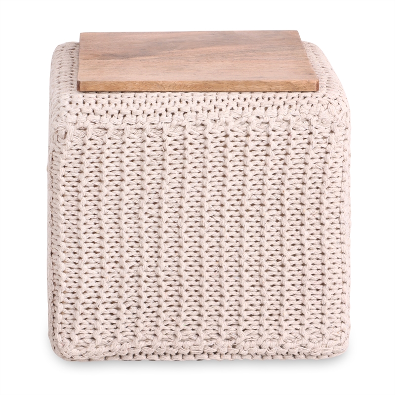 Posh Living Desean Cotton Yarn 3-in-1 Pouf/Ottoman/End Table Ivory