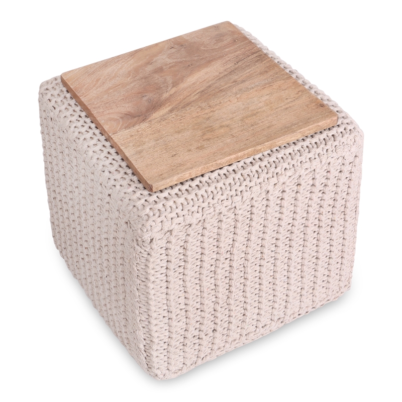 Posh Living Desean Cotton Yarn 3-in-1 Pouf/Ottoman/End Table Ivory