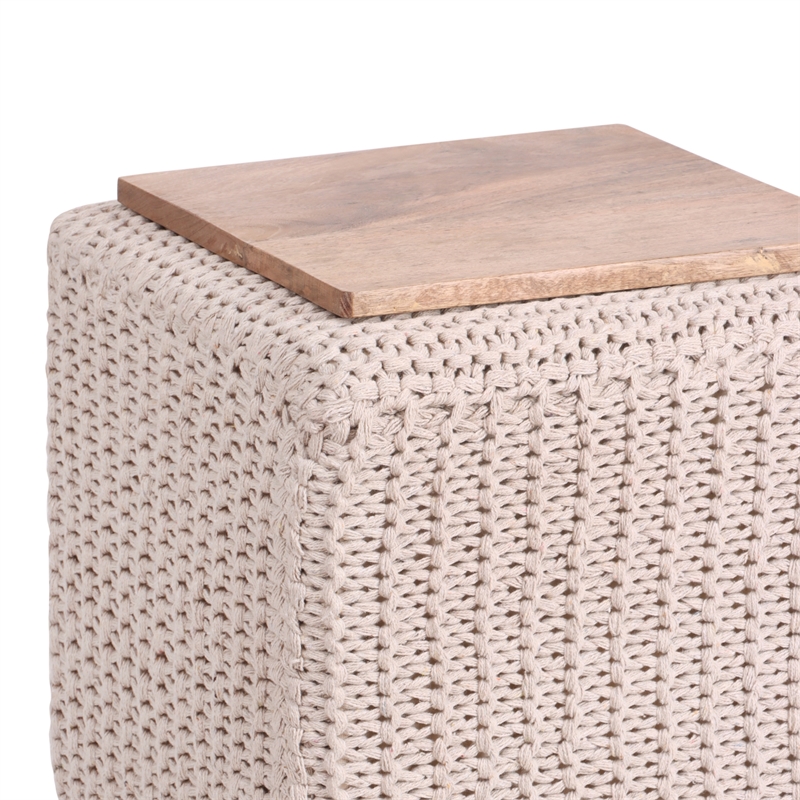 Posh Living Desean Cotton Yarn 3-in-1 Pouf/Ottoman/End Table Ivory