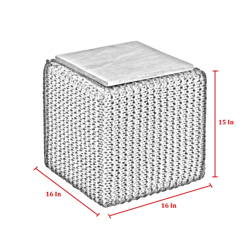 Posh Living Desean Cotton Yarn 3-in-1 Pouf/Ottoman/End Table Ivory