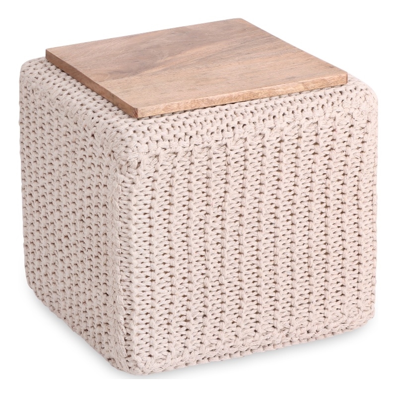 Posh Living Desean Cotton Yarn 3-in-1 Pouf/Ottoman/End Table Ivory