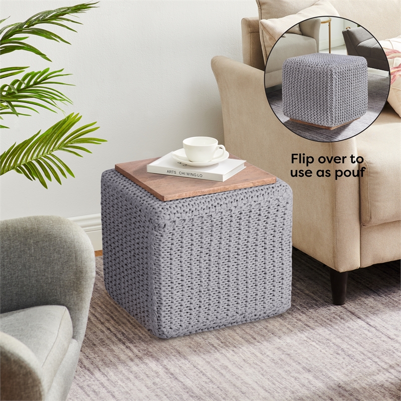 Posh Living Desean Cotton Yarn 3-in-1 Pouf/Ottoman/End Table Light Grey