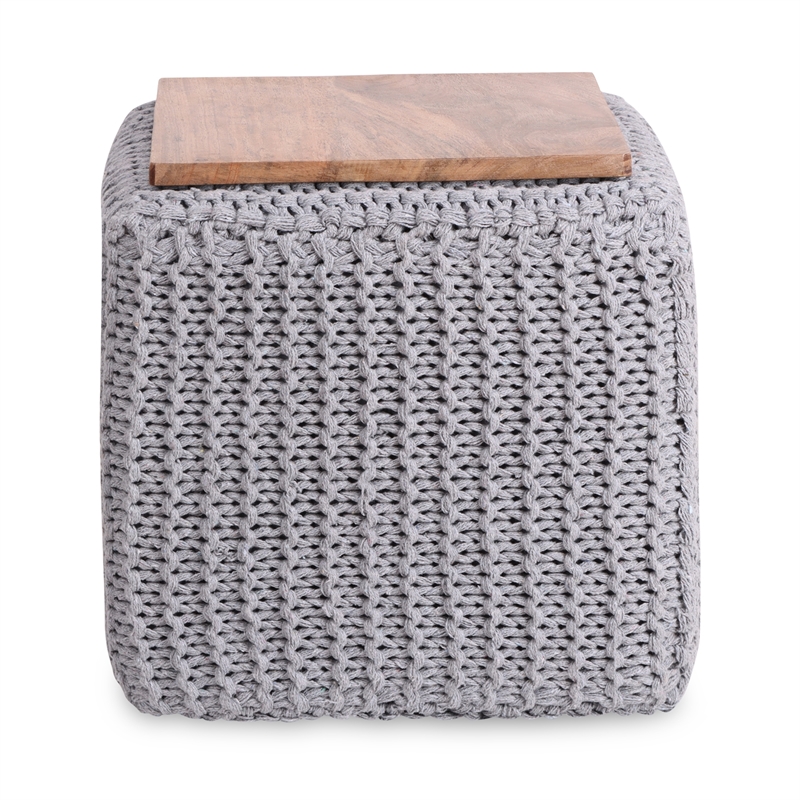 Posh Living Desean Cotton Yarn 3-in-1 Pouf/Ottoman/End Table Light Grey