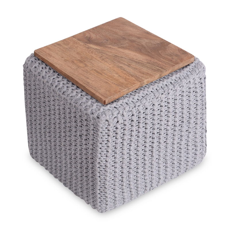 Posh Living Desean Cotton Yarn 3-in-1 Pouf/Ottoman/End Table Light Grey