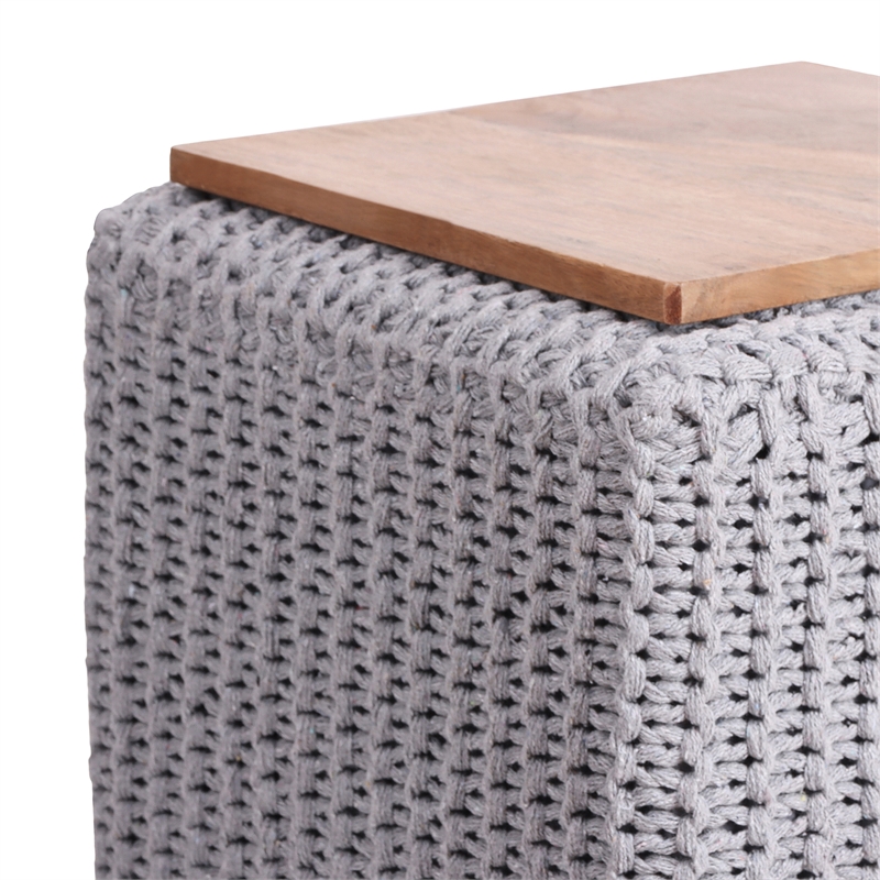 Posh Living Desean Cotton Yarn 3-in-1 Pouf/Ottoman/End Table Light Grey